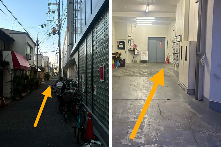 路地を直進して頂きビルの裏口が右手に見えるので中に入って下さい。